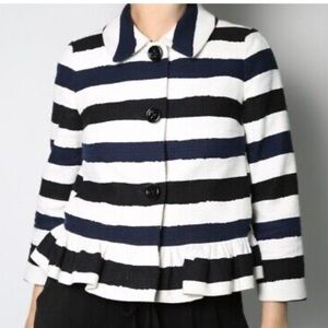 Kate Spade | Ari | All Aboard navy blue white striped ruffled hem edge jacket